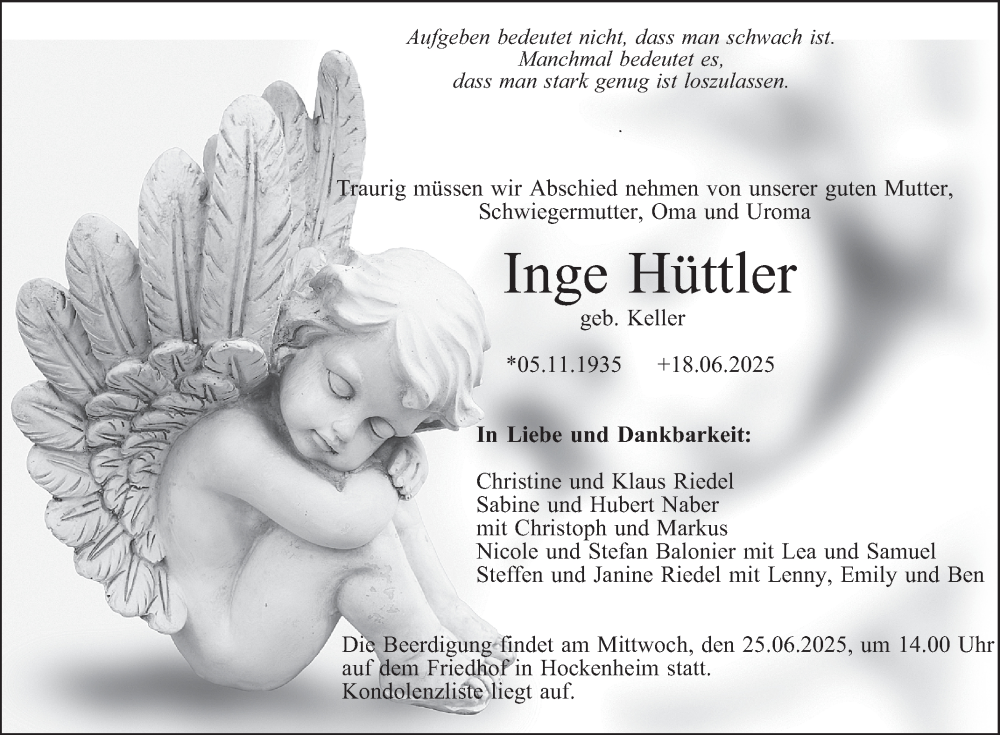  Traueranzeige für Inge Hüttler vom 23.06.2025 aus Schwetzinger Zeitung