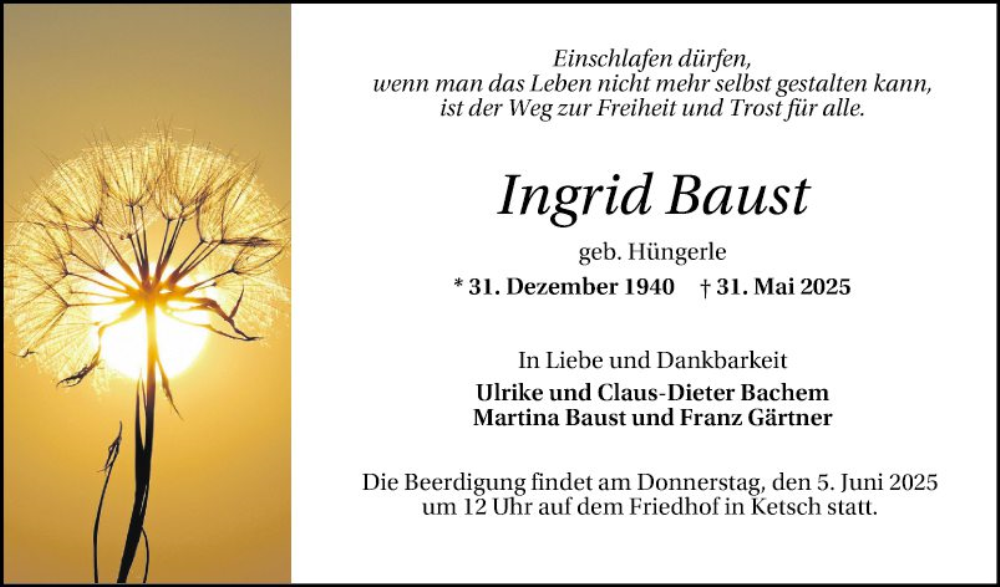  Traueranzeige für Ingrid Baust vom 03.06.2025 aus Schwetzinger Zeitung