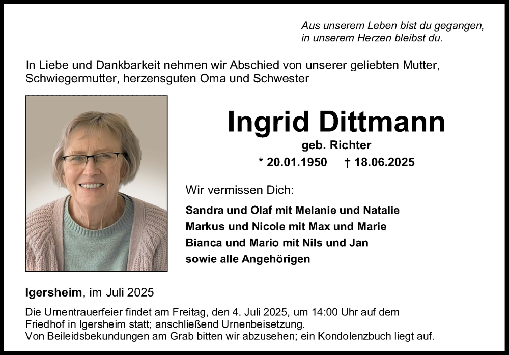  Traueranzeige für Ingrid Dittmann vom 01.07.2025 aus Fränkische Nachrichten