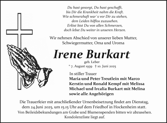 Traueranzeige von Irene Burkart von Schwetzinger Zeitung