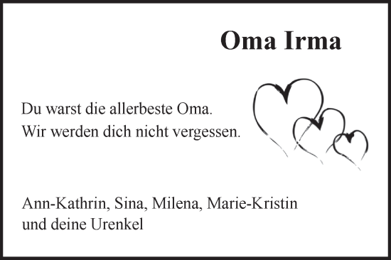 Traueranzeige von Irma  von Fränkische Nachrichten