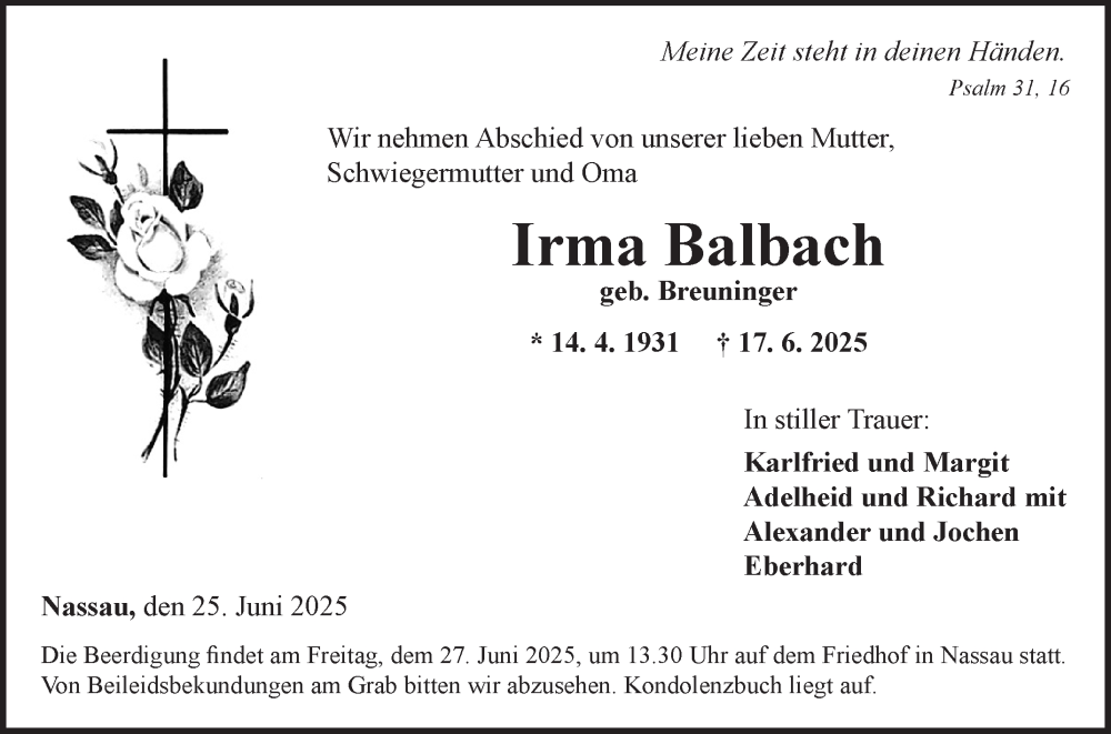  Traueranzeige für Irma Balbach vom 25.06.2025 aus Fränkische Nachrichten