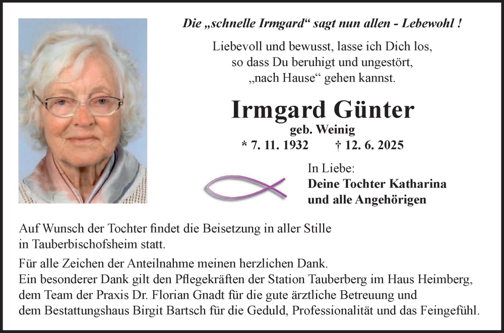  Traueranzeige für Irmgard Günter vom 21.06.2025 aus Fränkische Nachrichten