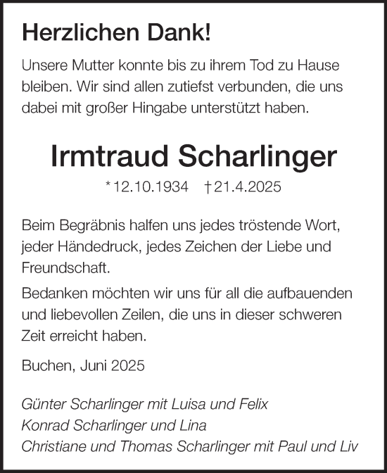 Traueranzeige von Irmtraud Scharlinger von Fränkische Nachrichten