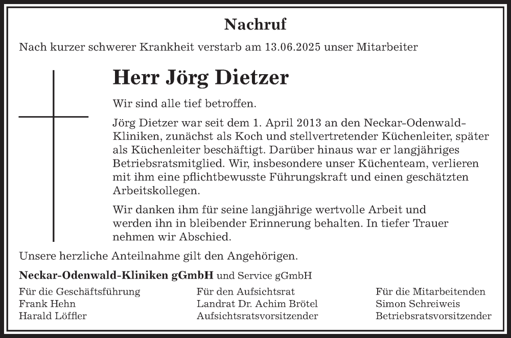  Traueranzeige für Jörg Dietzer vom 21.06.2025 aus Fränkische Nachrichten