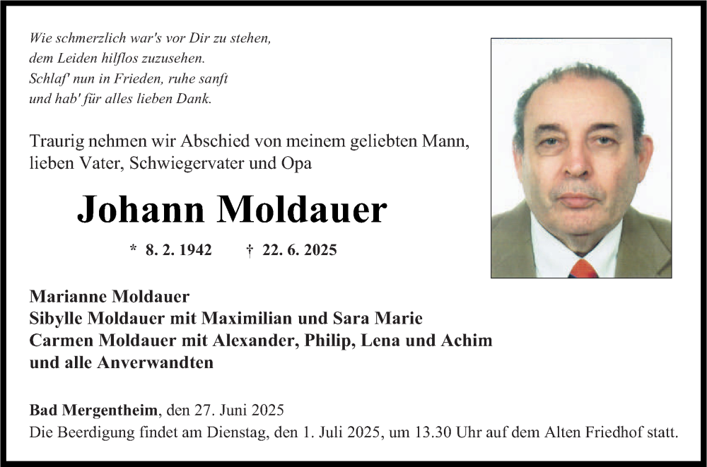  Traueranzeige für Johann Moldauer vom 27.06.2025 aus Fränkische Nachrichten