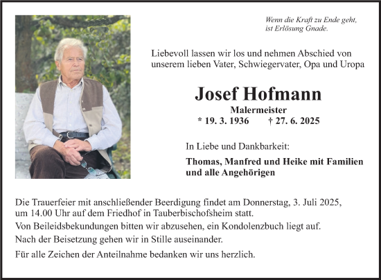 Traueranzeige von Josef Hofmann von Fränkische Nachrichten
