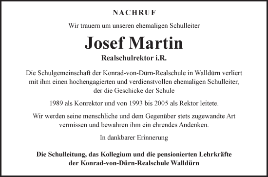 Traueranzeige von Josef Martin von Fränkische Nachrichten