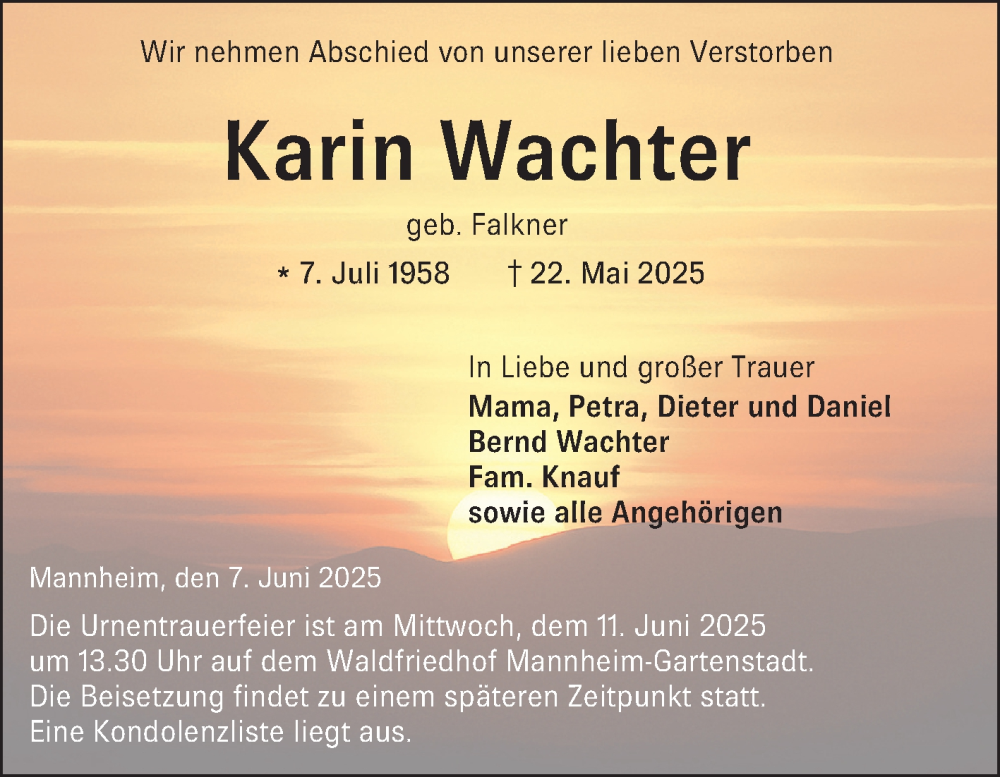  Traueranzeige für Karin Wachter vom 07.06.2025 aus Mannheimer Morgen