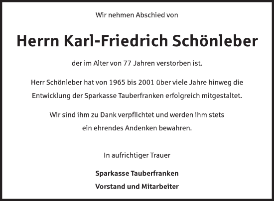 Traueranzeige von Karl-Friedrich Schönleber von Fränkische Nachrichten