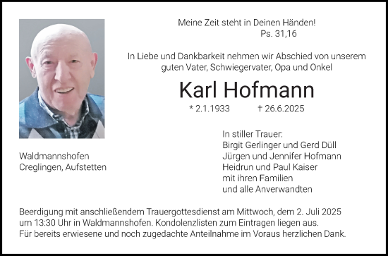Traueranzeige von Karl Hofmann von Fränkische Nachrichten