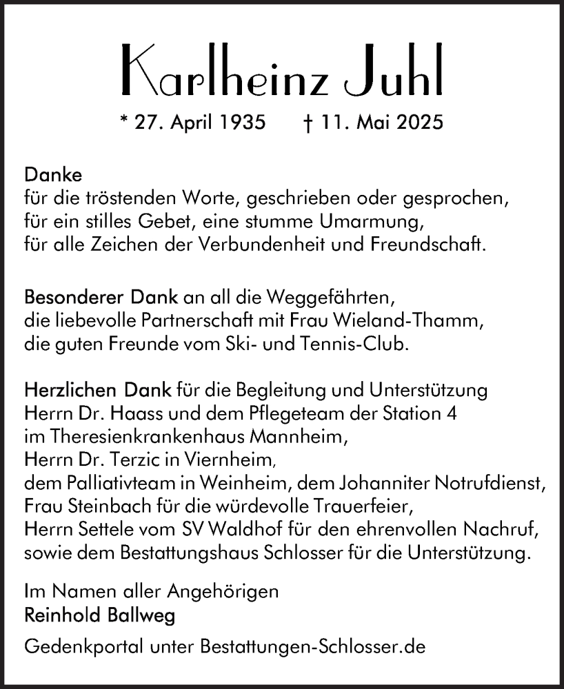  Traueranzeige für Karlheinz Juhl vom 07.06.2025 aus Mannheimer Morgen