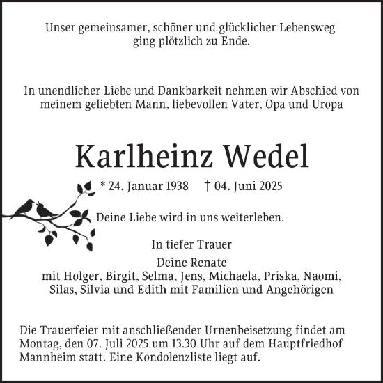 Traueranzeige von Karlheinz Wedel von Mannheimer Morgen