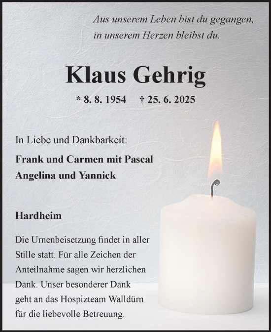 Traueranzeige von Klaus Gehrig von Fränkische Nachrichten