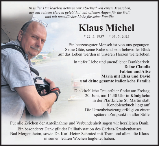 Traueranzeige von Klaus Michel von Fränkische Nachrichten