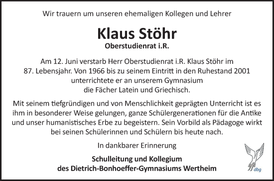 Traueranzeige von Klaus Stöhr von Fränkische Nachrichten