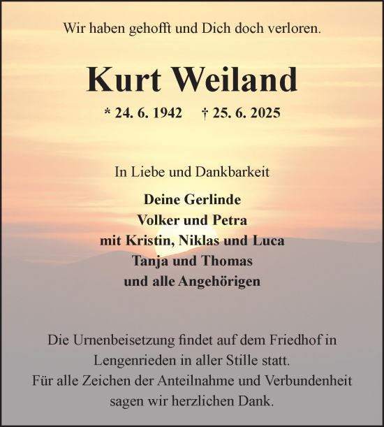 Traueranzeige von Kurt Weiland von Fränkische Nachrichten