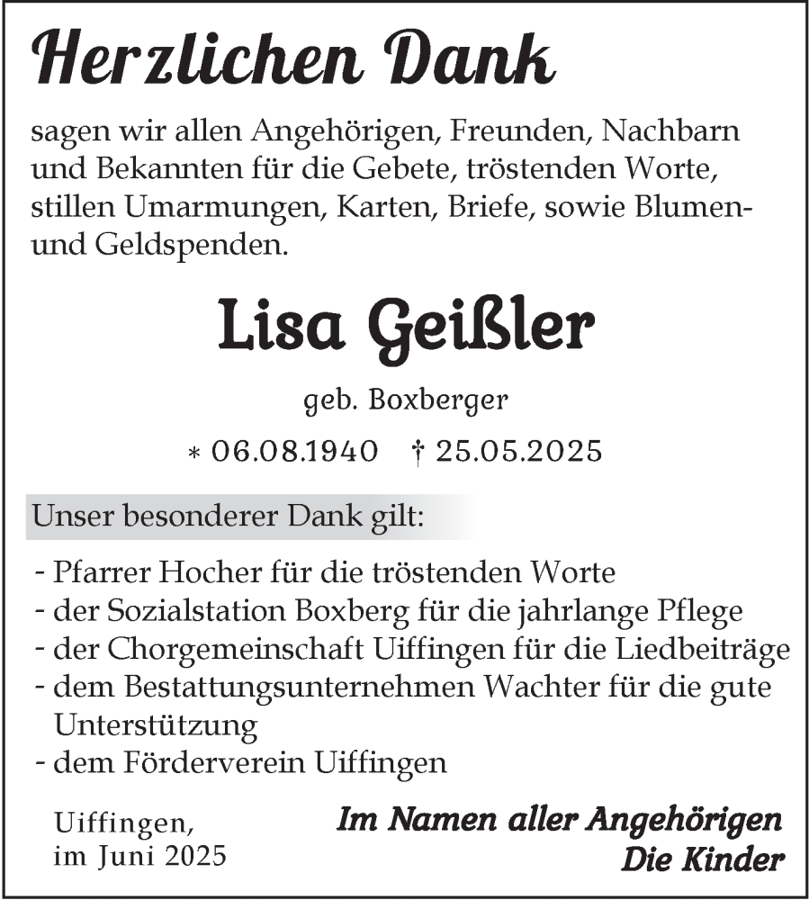  Traueranzeige für Lisa Geißler vom 14.06.2025 aus Fränkische Nachrichten