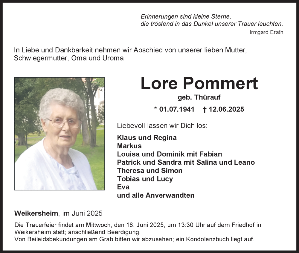  Traueranzeige für Lore Pommert vom 14.06.2025 aus Fränkische Nachrichten