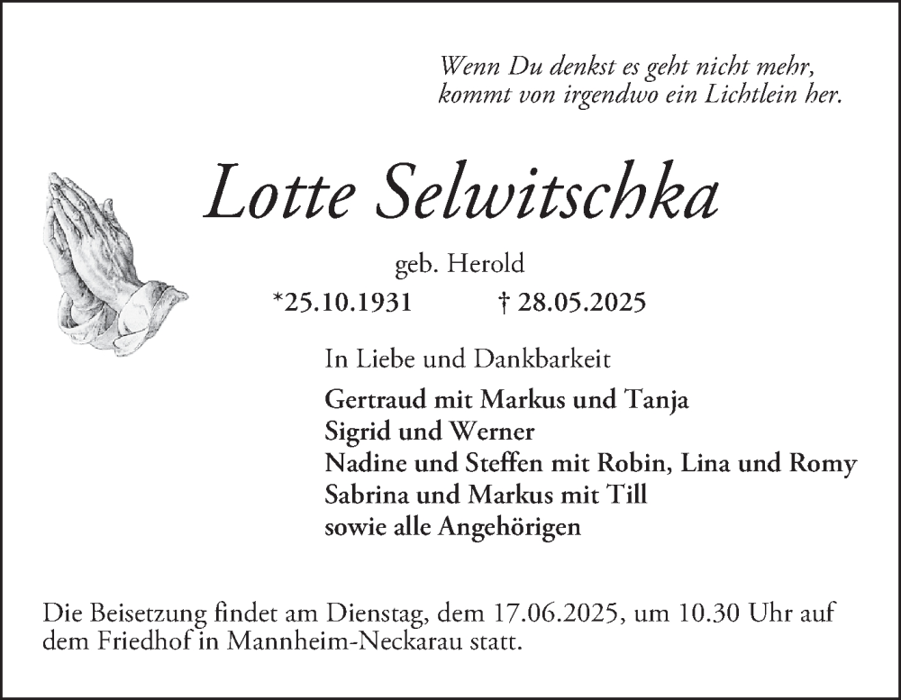  Traueranzeige für Lotte Selwitschka vom 07.06.2025 aus Mannheimer Morgen