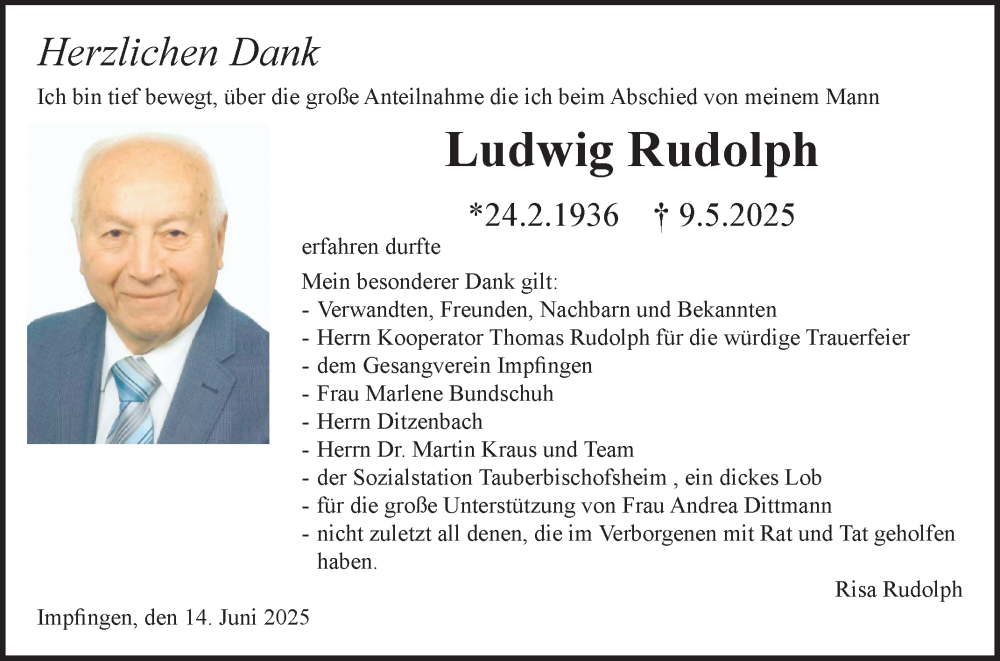  Traueranzeige für Ludwig Rudolph vom 14.06.2025 aus Fränkische Nachrichten
