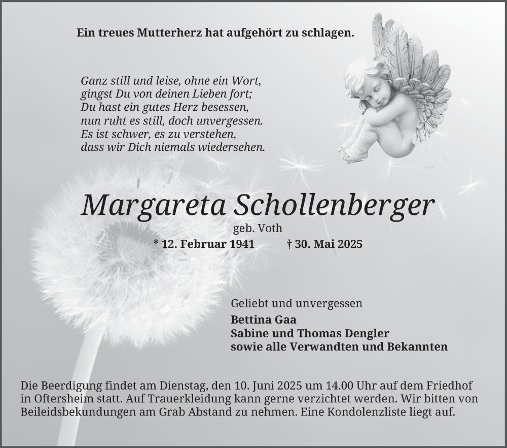  Traueranzeige für Margareta Schollenberger vom 05.06.2025 aus Schwetzinger Zeitung