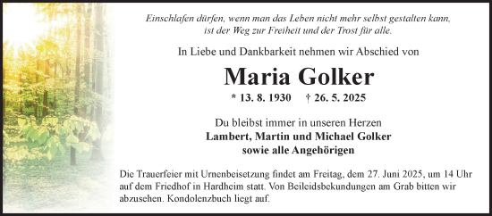 Traueranzeige von Maria Golker von Fränkische Nachrichten