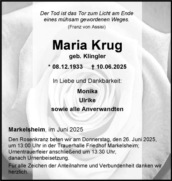 Traueranzeige von Maria Krug von Fränkische Nachrichten