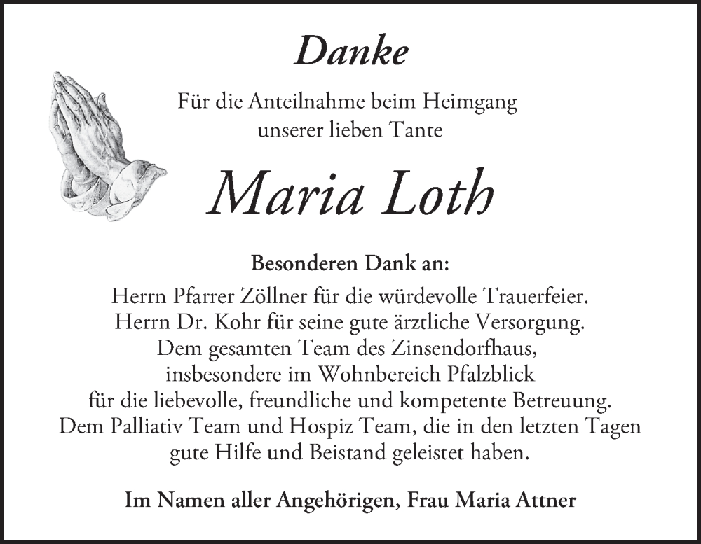  Traueranzeige für Maria Loth vom 28.06.2025 aus Mannheimer Morgen