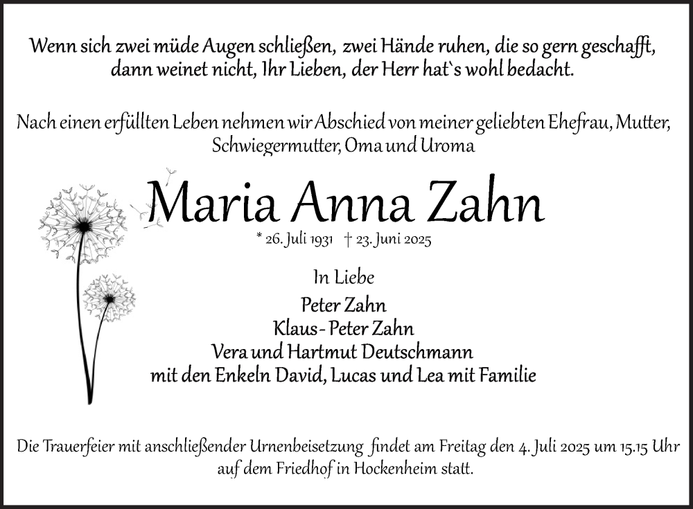  Traueranzeige für Maria Anna Zahn vom 28.06.2025 aus Schwetzinger Zeitung