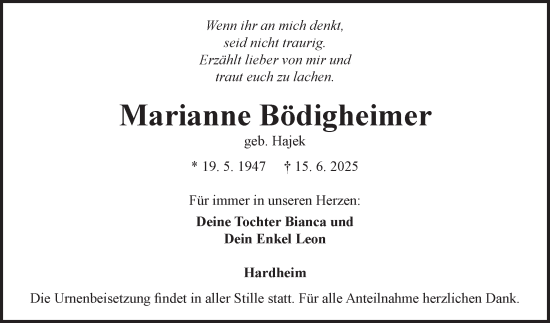 Traueranzeige von Marianne Bödigheimer von Fränkische Nachrichten