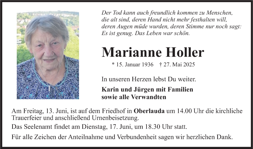  Traueranzeige für Marianne Holler vom 07.06.2025 aus Fränkische Nachrichten