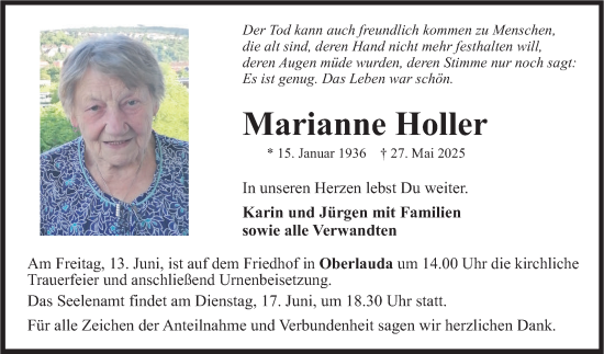 Traueranzeige von Marianne Holler von Fränkische Nachrichten