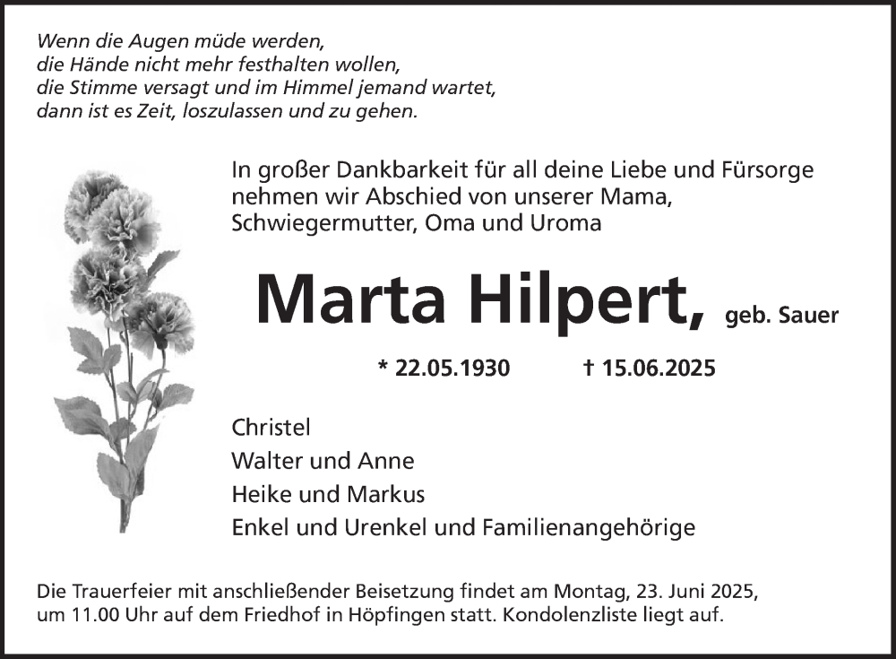  Traueranzeige für Marta Hilpert vom 18.06.2025 aus Fränkische Nachrichten