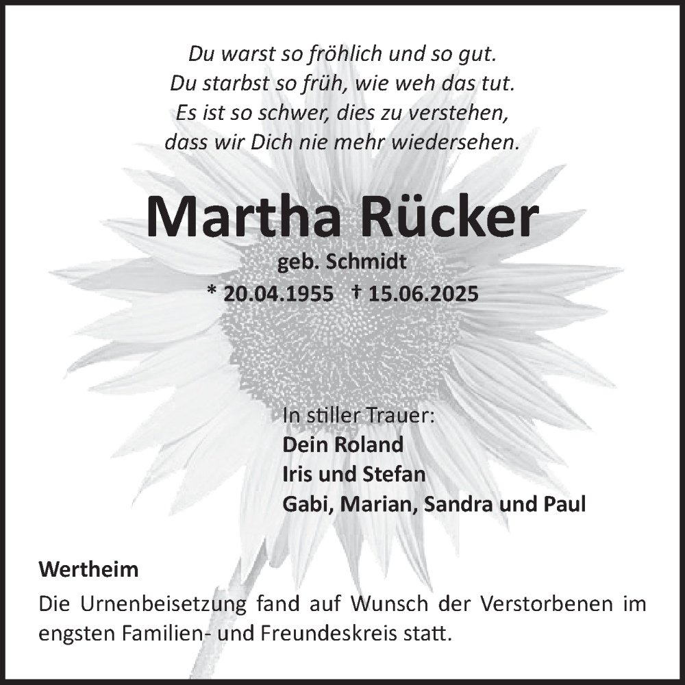  Traueranzeige für Martha Rücker vom 01.07.2025 aus Fränkische Nachrichten