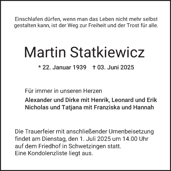 Traueranzeige von Martin Statkiewicz von Schwetzinger Zeitung