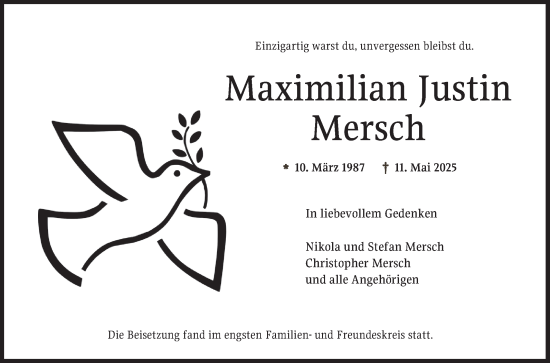 Traueranzeige von Maximilian Mersch von Mannheimer Morgen