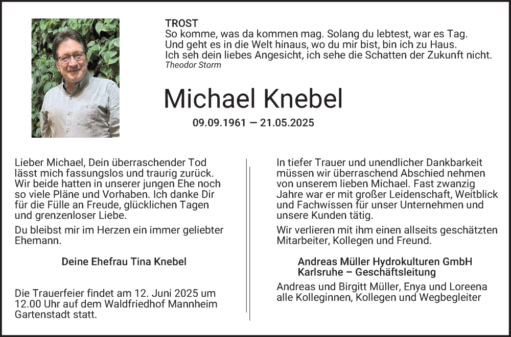  Traueranzeige für Michael Knebel vom 07.06.2025 aus Mannheimer Morgen