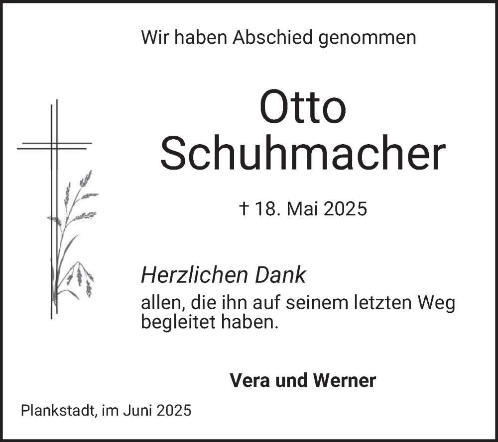  Traueranzeige für Otto Schuhmacher vom 14.06.2025 aus Schwetzinger Zeitung