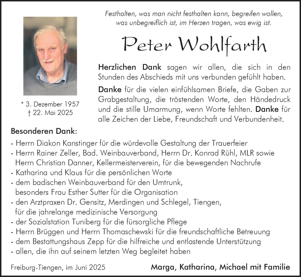  Traueranzeige für Peter Wohlfarth vom 21.06.2025 aus Fränkische Nachrichten