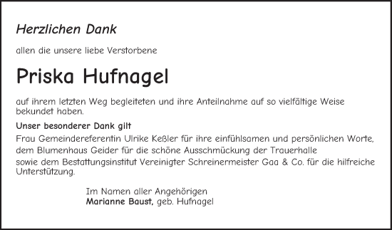 Traueranzeige von Priska Hufnagel von Schwetzinger Zeitung