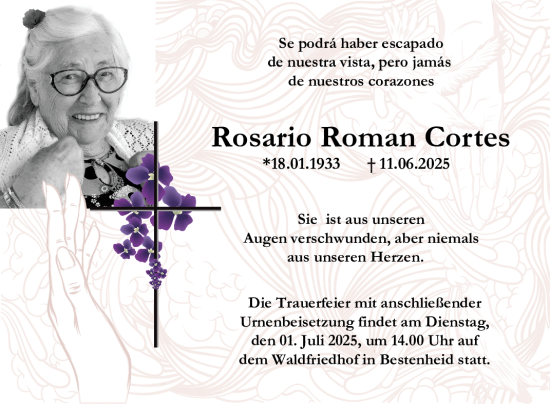 Traueranzeige von Rosario Roman Cortes von Fränkische Nachrichten