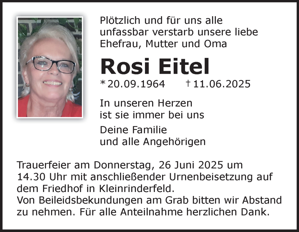  Traueranzeige für Rosi Eitel vom 21.06.2025 aus Fränkische Nachrichten