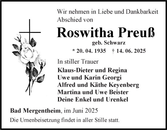 Traueranzeige von Roswitha Preuß von Fränkische Nachrichten
