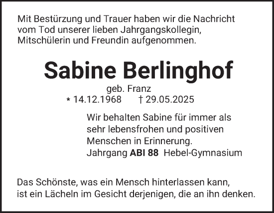 Traueranzeige von Sabine Berlinghof von Schwetzinger Zeitung