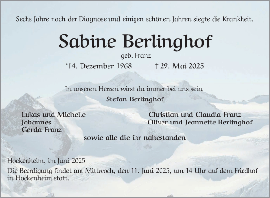 Traueranzeige von Sabine Berlinghof von Schwetzinger Zeitung