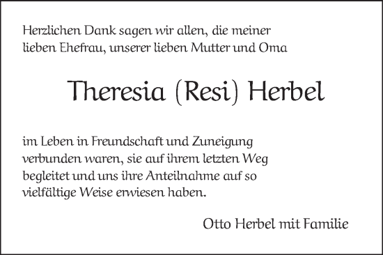 Traueranzeige von Theresia Herbel von Mannheimer Morgen