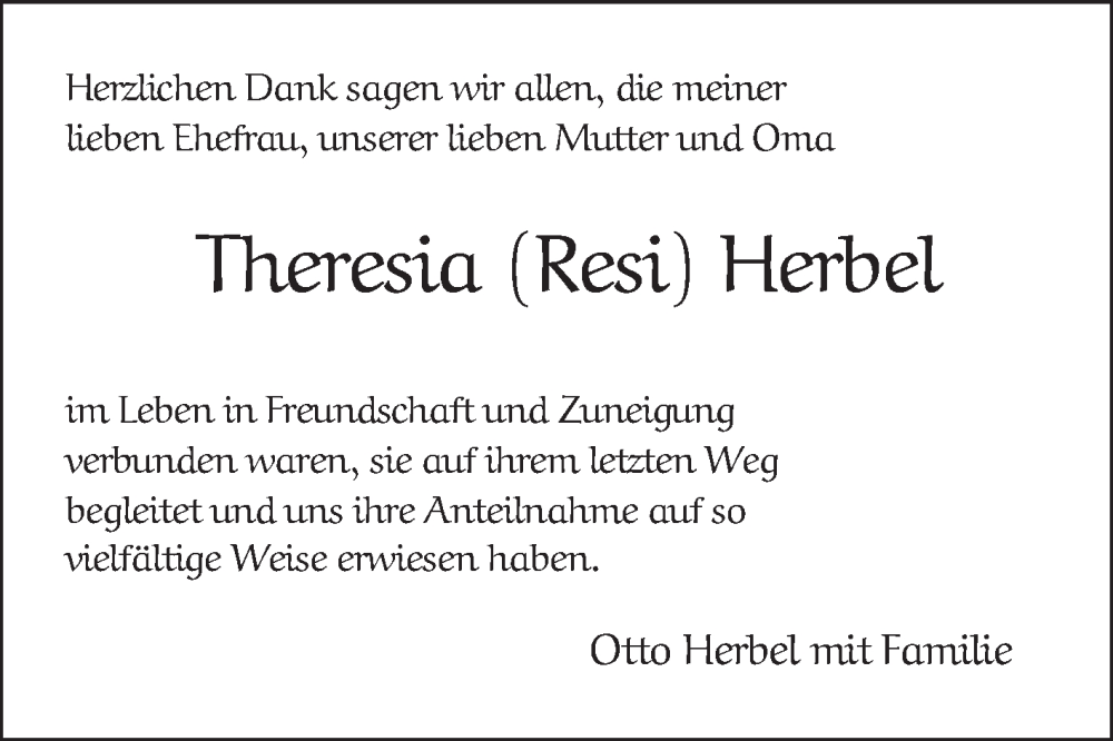  Traueranzeige für Theresia Herbel vom 14.06.2025 aus Mannheimer Morgen