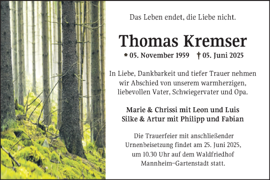 Traueranzeige von Thomas Kremser von Mannheimer Morgen