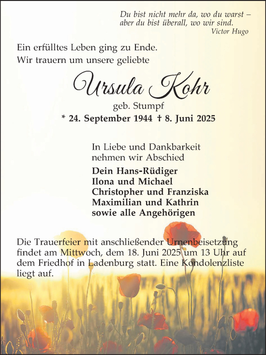 Traueranzeige von Ursula Kohr von Mannheimer Morgen